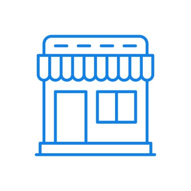 Alışveriş mağazası büfe vektör çizgisi simgesi. Ürün ve eşya satışı için ticari bina. Dış görünüşü ve gölgesi olan mimari restoran tasarımı. Küçük eczane ve kırtasiye pazarı.