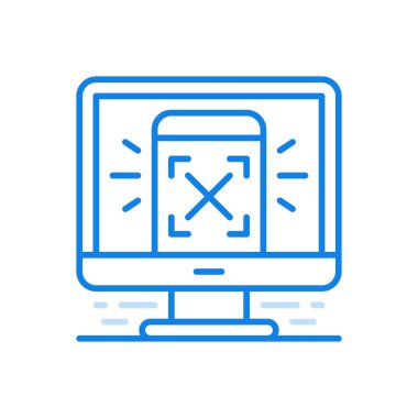 Çevrimiçi akıllı cihaz yetkilendirme vektör çizgisi simgesi. Akıllı telefon monitörde, parantez içinde. Kullanıcı veri bilgileri yükleniyor ve kaydediliyor. Aygıtlar arasında kullanıcı yüklemek için web teknolojisi.