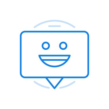 Çevrimiçi kurye vektör çizgisi simgesinde gülümseyin. İletişim ve hizmet için sosyal uygulama. Dikdörtgen içinde gülen soyut bir yüz. Dijital formatta komik sembol modern web sohbeti.
