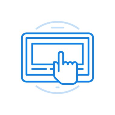 Finger clicks tablet screen vector line icon. Modern touchscreen electronic device. Enabling applications and launching multimedia programs. Portable smart gadget for entertainment and work. clipart