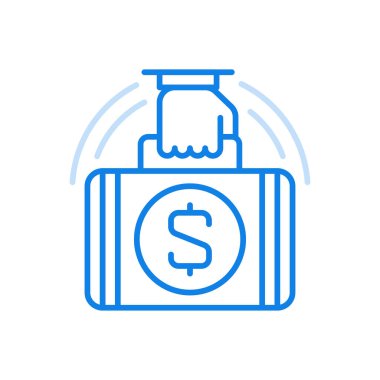 Mali yatırım dağıtım vektör çizgisi simgesi. Uygun ticari para transferleri. Ortasında para sivol olan bavulu elinde tutuyor. Bankacılık işlemi ve başarılı web pazarlaması.