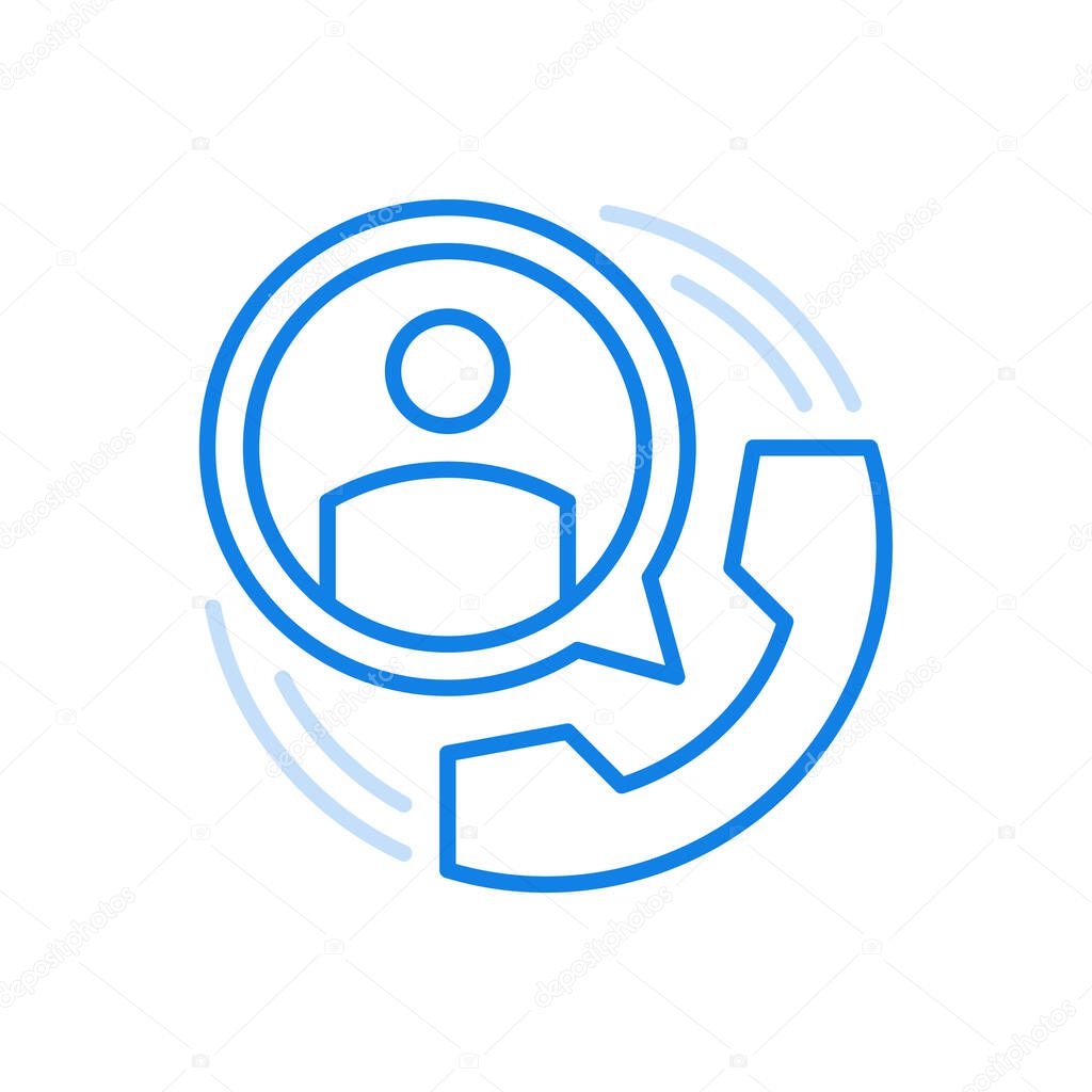 Telephone communication vector line icon. Mobile speaker technology and conversation services. Telephone receiver with character in circle. Equipment for caller assistance and dialogues.