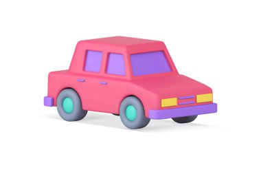 Pencereleri ve farları olan parlak pembe retro otomobil gerçekçi 3D ikon vektör çizimi. Hızlı sürüş için klasik sedan motor ve konforlu yolcu taşımacılığı izometrik rozeti