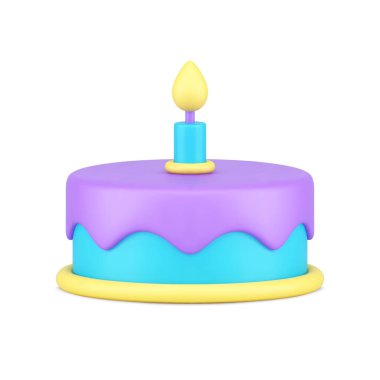 Çocuksu doğum günü mor jöleli pasta yanan bir mum 3d ikon vektör illüstrasyonu. Tatlı bayram kutlaması tatlı hediye pasta pasta şekerleme eritme tatlı şeker lezzetli