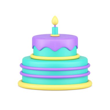 Tatlı şenlikli pasta yıldönümü kutlaması şekerlemeleri yanan bir mum gerçekçi bir 3D ikon vektör çizimi. Işıl ışıl, iştah açıcı turta tatlı, buzlu, jöleli, kaplamalı tatil yemeği.