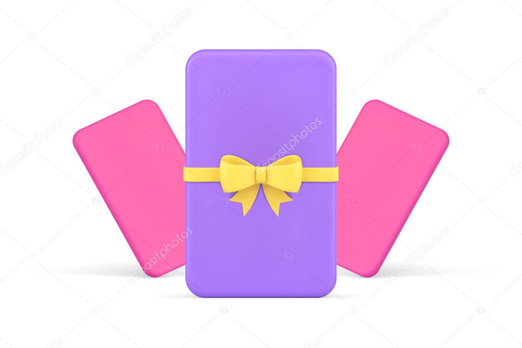 Purple glossy rectangle gift card with yellow bow ribbon realistic 3d icon vector illustration. Sale discount loyalty or shopping coupon card.