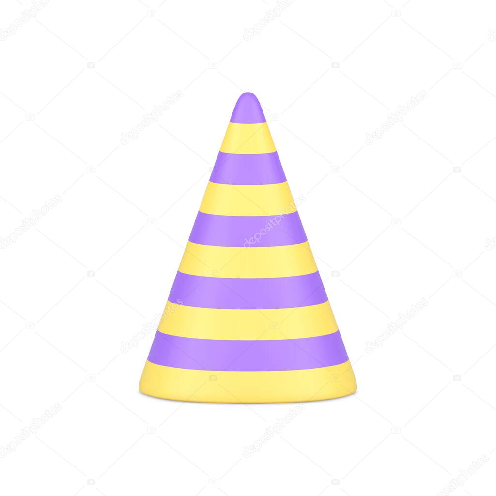 Carnival birthday striped cone hat surprise event party headdress realistic 3d icon vector illustration. Festival costume funny purple yellow anniversary celebration cap holiday entertainment wear
