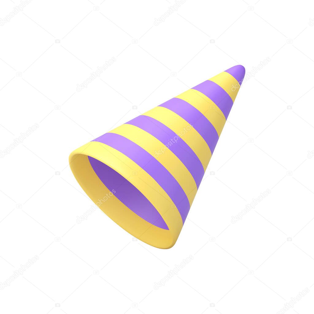 Glossy birthday cone hat festive holiday accessory carnival costume realistic 3d icon vector illustration. Striped purple yellow anniversary event celebration cap entertainment headgear design