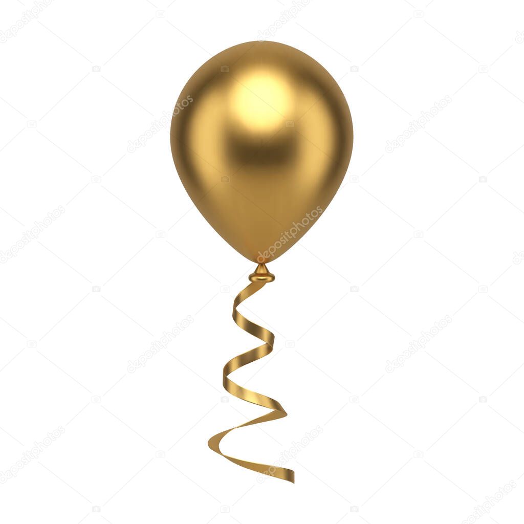 Golden premium balloon glossy aero design helium flying bubble realistic 3d icon vector illustration. Jewelry flight birthday event element romantic surprise with curved ribbon holiday celebrate