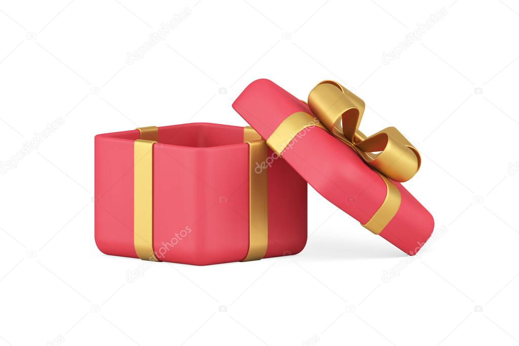 Premium red gift box cube wrapped package for present holiday congratulations realistic 3d icon vector illustration. Glossy present container wrapped golden expensive ribbon bow decorative design