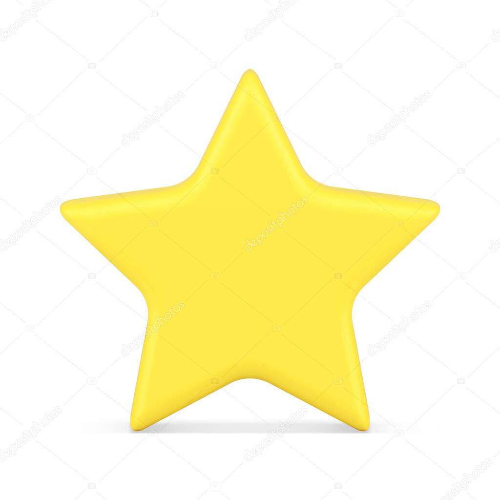 Yellow five pointed glossy star front view realistic 3d icon vector illustration. Best award button shiny medal rating success victory vote symbol favorite mark element bright patriotic decor design