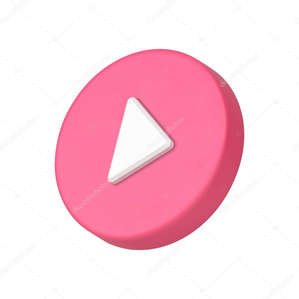 Pink circle play button displaced isometric realistic 3d icon vector illustration. Bright round beginning start option right arrow emblem multimedia audio video broadcasting badge tech push player
