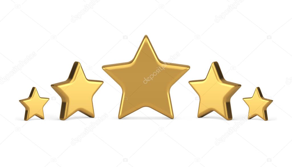Five golden stars different shape premium quality rating evaluation badge realistic 3d icon vector illustration. Feedback rate best vote service goods satisfaction game victory mark leadership trophy