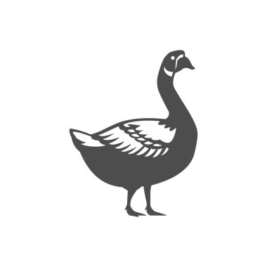 Tek renkli kaz vintage siyah siluet ikon vektör çizimi. Tarım kuşunun tüyleri izole edilmiş. Kırsal köy kırsal pazarı. Sağlıklı et organik gıda endüstriyel üretimi