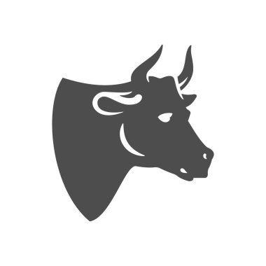 Boynuzlu inek başlı tek renkli klasik simge siyah siluet vektör çizimi. Tehlikeli memeli boğa ağızlık evcil çiftlik hayvancılık hayvan kasaplık tarım süt et üretimi