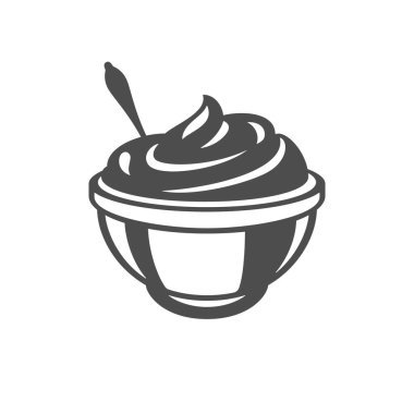 Kase kaşık monokrom klasik ikon vektör illüstrasyonunda taze ev yapımı ekşi süt kreması. Yoğurtlu yoğurt dondurması, süt, kahvaltı malzemeleri, organik gıda kırsal tarım üretimi.