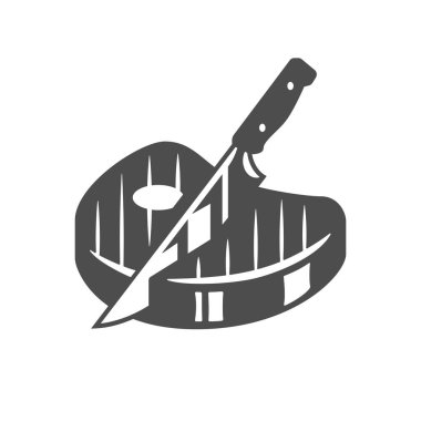 Keskin bıçak taze et, bbq biftek çiftliği organik gıda kasaplığı, klasik ikon vektör çizimi. Domuz pastırması dilimleme domuz eti restoranı menü pirzolası ızgara tarifi mutfak yemeği