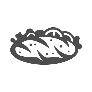 Lezzetli sosisli organik somun yerel çiftlik eti ve vitamin sebzeleri fast food menüsü klasik ikon vektör çizimi. Çörek sosisli sandviç burger ve yeşillik. Sağlıksız yemek atıştırması