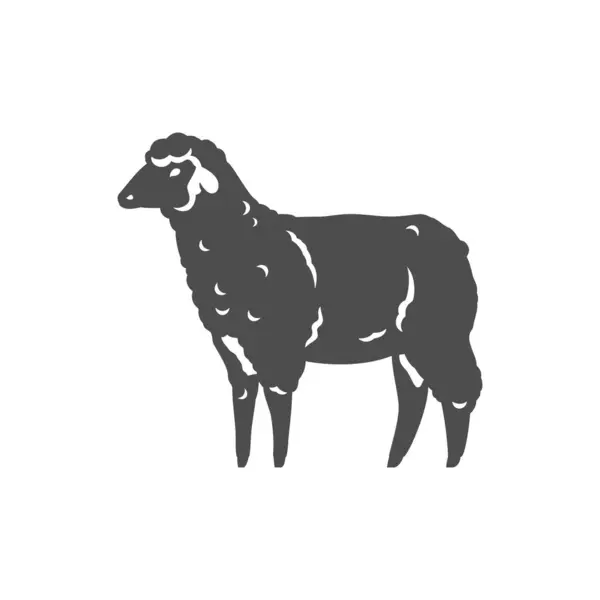 モノクロヴィンテージカーリーシープアイコンベクターイラスト かわいい国内農場哺乳動物のシルエット素朴な田舎の農場市場肉屋の面白い性格 ウールーンの子羊は肉と牛乳のために成長します ストックイラスト