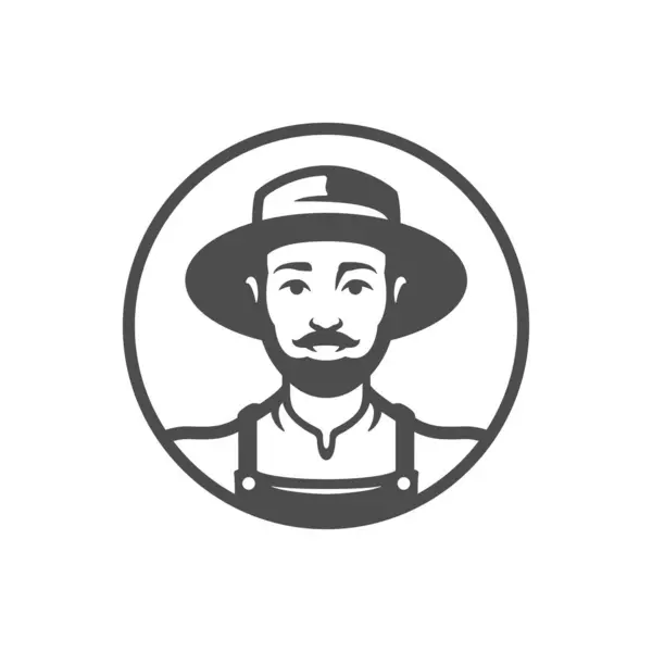 ハットサークルファームロゴモノクロヴィンテージベクターイラストの田舎の男 帽子の有機農業労働者 季節の収穫の栽培肉屋 素朴な市場 黒いシルエット ベクターグラフィックス