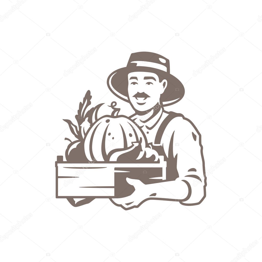 Portrait smiling agricultural man carrying crate full fresh organic seasonal vegetables icon vector illustration. Monochrome male gardener assembling farm crop agronomist with organic harvest isolated