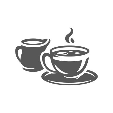 Sabah kahvaltısı için sütlü sürahi ile porselen bardakta Aromatik sıcak kahve içmek klasik ikon vektör illüstrasyonunu bozar. Taze kafein içeceği Americano espresso ve soğuk süt ürünü.