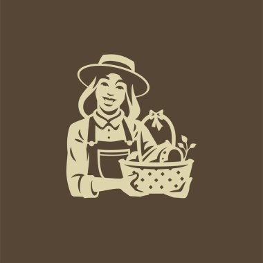 Farmer woman with straw basket full of agricultural organic food bakery seasonal vegetable harvest vintage icon vector illustration. Female gardener in hat farm market ecology product grocery shop clipart