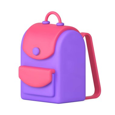 Okul gereçleri için okul çantası. Çocukça valiz taşımak ve seyahat etmek. Gerçekçi 3D ikon izometrik vektör çizimi. Cepleri rahat, mor pembe sırt çantası. Arkasına yaslan.
