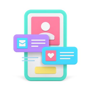 Akıllı telefon uygulaması kullanıcı arayüzü ile çıkmayı seviyorum. Yeni mesaj siber uzay bildirim gerçekçi 3d ikon vektör illüstrasyonu. Romantik, uzaktan iletişim cep telefonu uygulaması ile buluşma