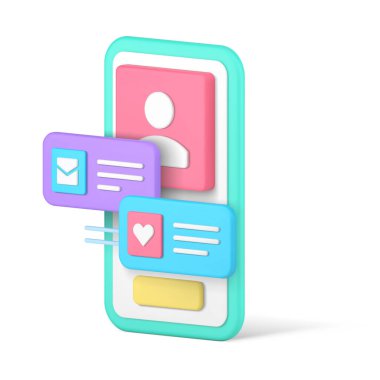 Çift ilişkisi için akıllı telefon arayüzü uygulaması ile çıkmak ve gerçekçi 3d ikon vektör illüstrasyonuyla tanışmak. Elektronik servis cep telefonu sosyal medya ağı iletişimi tarihi