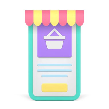 Çevrimiçi alışveriş akıllı telefon uygulaması dijital çadır çadır kullanıcı arayüzü yazılımı 3D ikon vektör illüstrasyonu. Dijital dükkan cep telefonu ekranı market ürünleri sipariş alımı