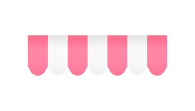 Market vitrininde çizgili pencere tepe örtüsü tente güneşliği gerçekçi 3D ikon vektör illüstrasyonunu korur. Dış pazar perdeleri pembe beyaz süs çatı sığınağı. Açık havada yaz güneşliği