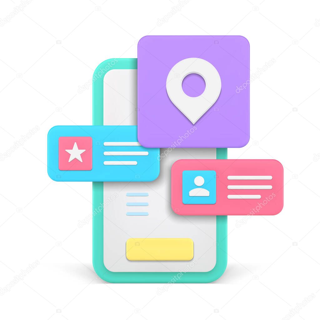 Smartphone location map application button user interface window label realistic 3d icon vector illustration. Mobile phone geolocation app position quick tips screen distance route GPS pointer