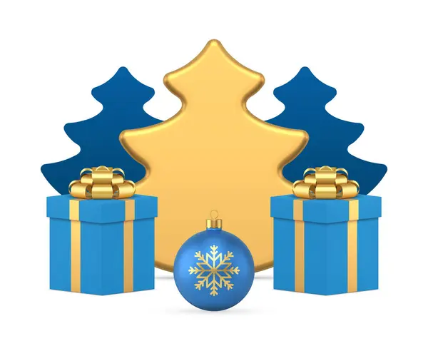 精美圣诞装饰构图云杉蓝色光泽球玩具和包装礼品盒逼真3D图标矢量插图 圣诞树纤细 光滑的雪花 12月的装饰品 — 图库矢量图片