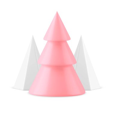 Pembe parlak kızsı Noel ağacı dekoratif kış tatili kompozisyonu üçgen geometrik şekilli gerçekçi 3d ikon vektör çizimi. Şirin Xmas ladin prim kutlaması elementi