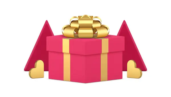 漂亮的粉色礼品盒 金子般的心形和几何三角形金字塔 逼真逼真的3D图标矢量插图 时尚假日浪漫礼物包金属光泽弓 — 图库矢量图片