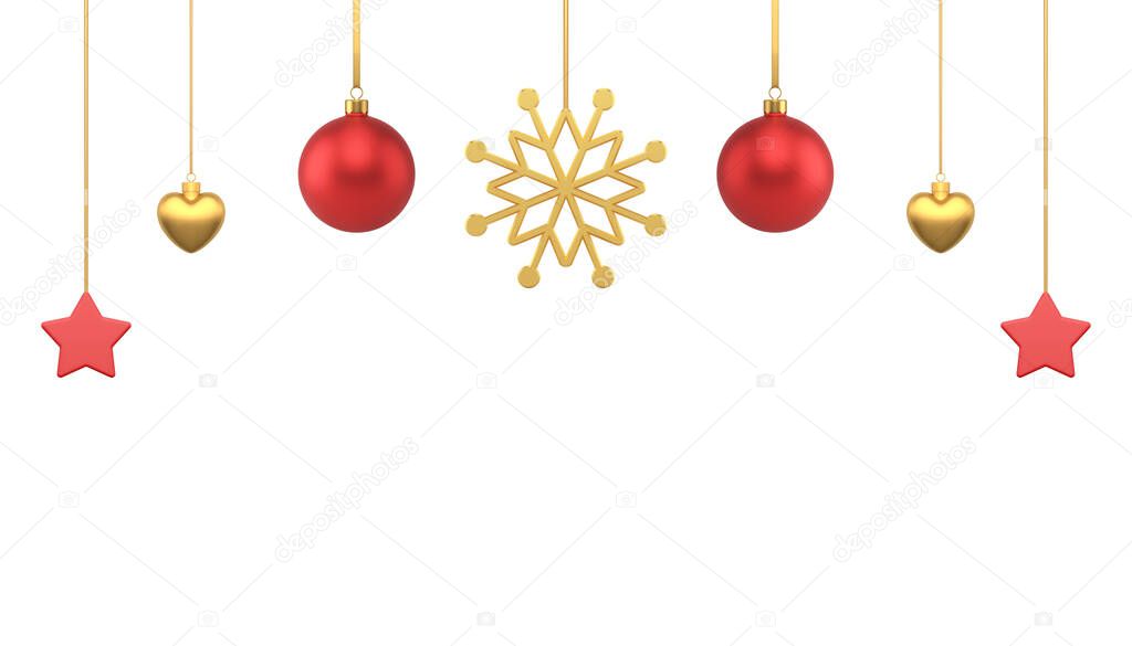 Premium Christmas banner hanged festive decorative glossy toys balls stars and snowflake realistic 3d icon vector illustration. Expensive Xmas background festive holiday congrats copy space