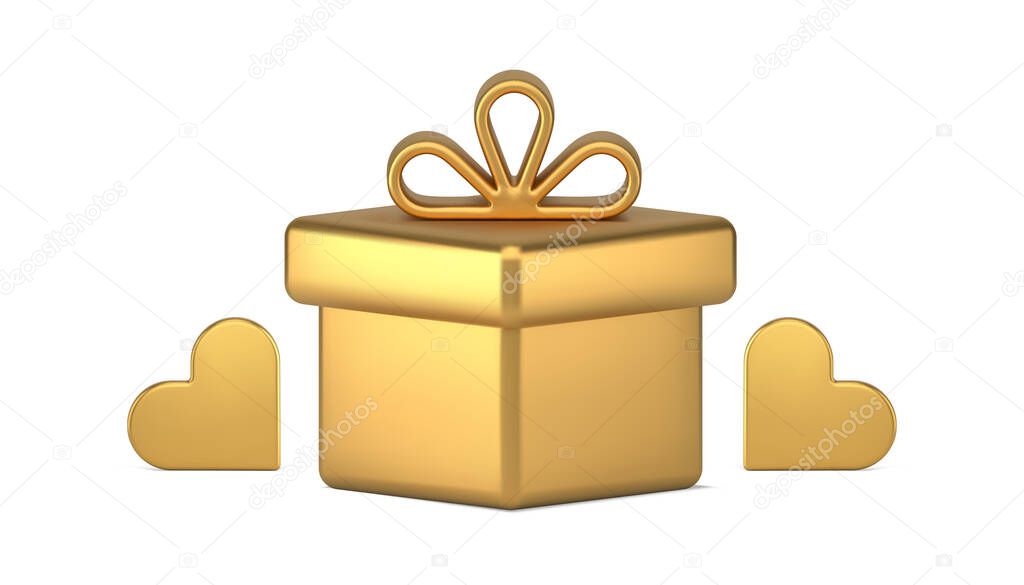 Premium golden squared gift box with decorative bow and glossy heart Christmas birthday Valentines congrats realistic 3d icon vector illustration. Luxury present surprise wrapped pack expensive design