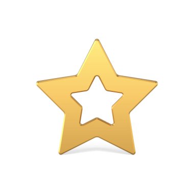 Gerçekçi altın yıldız şekli çerçeve metalik parlak mücevher dekoratif tasarım 3d şablon çizimi. Pahalı beş köşeli Noel tatili geleneksel dekorasyonu.