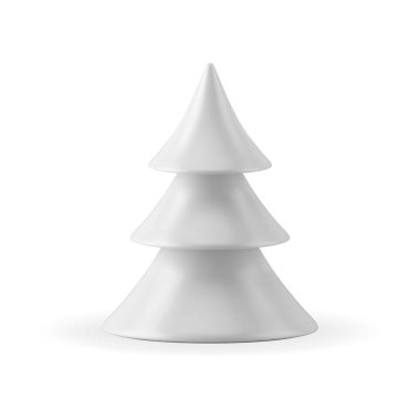 Minimalist beyaz cam Noel ağacı geleneksel kış bayramı kutlaması dekoratif tasarım vektörü illüstrasyonu. Kapalı mekan şenliği için gerçekçi bir masa hediyelik Xmas ladini.