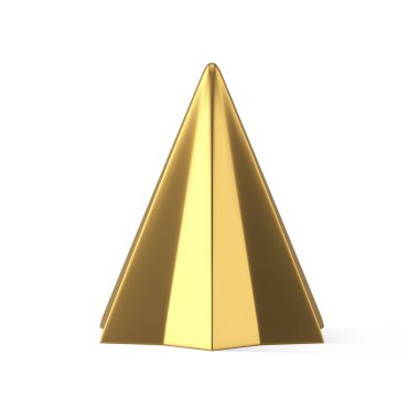 Lüks metalik altın minimalist Noel ağacı çokgen açılı dekoratif tasarım gerçekçi vektör çizimi. Pahalı mücevher üçgeni piramidi Xmas ladin şekilli masa şekilli hatıra eşyası izole edilmiş.