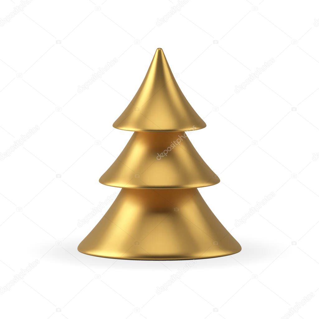 Luxury jewelry souvenir metallic golden minimalist Christmas tree decorative design 3d template vector illustration. Realistic small toy Xmas spruce for indoor winter holiday festive decor isolated