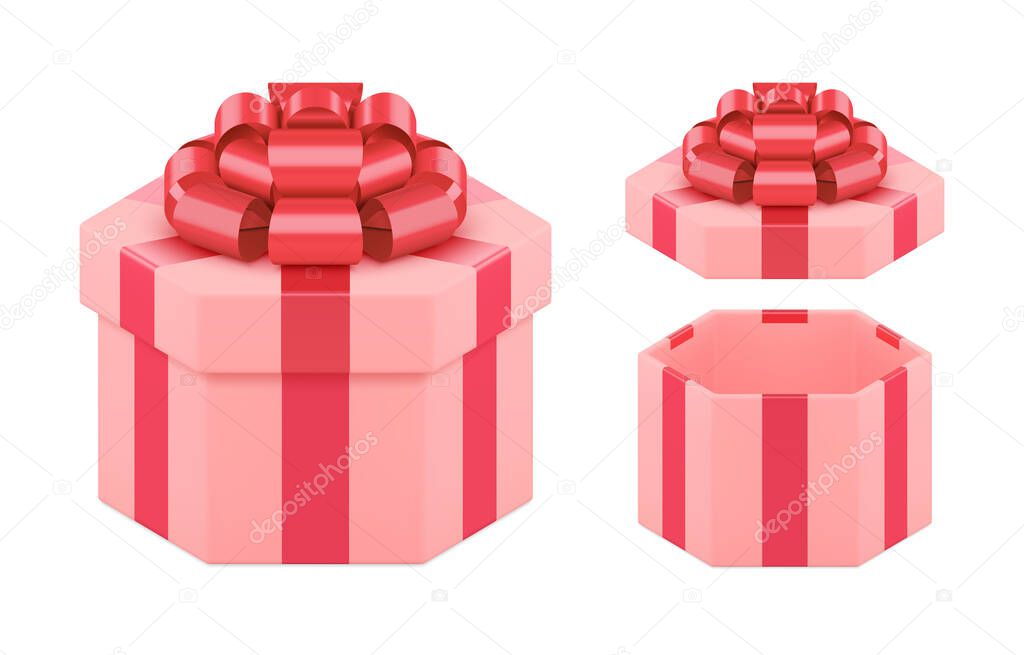 Cute wrapped pink open and closed festive polygon gift box decorated by red bow ribbon 3d template vector illustration. Realistic present container storage unpacking set isolated. Luxury surprise