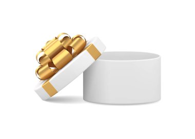 Doğum günü tatili için şık altın kurdeleyle süslenmiş açık şapkalı, lüks, yuvarlak hediye kutusu 3D gerçekçi vektör illüstrasyonunu tebrik ederim. Güzel karton pahalı hediye izole edilmiş.