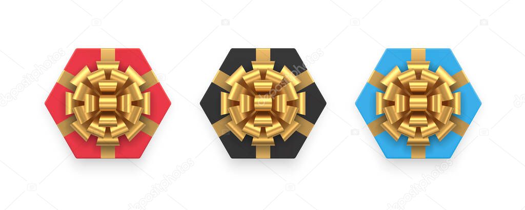 Top view bright realistic hexagonal cardboard box collection for festive holiday congratulations isometric 3d vector illustration. Amazing polygonal birthday present package with bow ribbon isolated