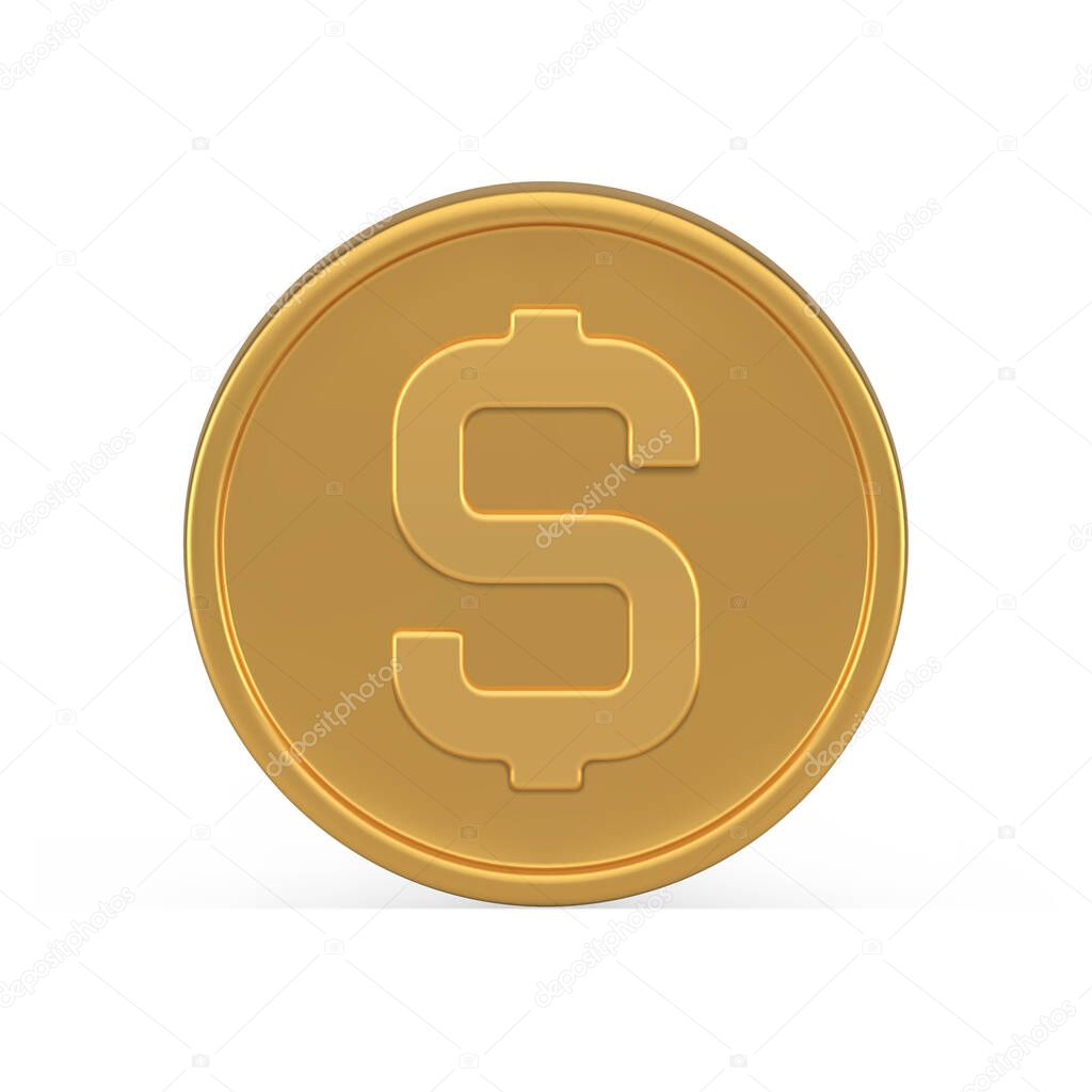 Golden coin dollar treasure wealth financial abundance rich independent metallic cash money realistic 3d icon vector illustration. Currency investment business wages earnings salary savings front view