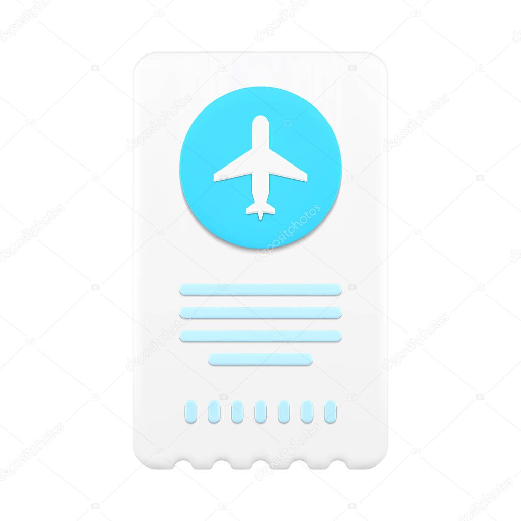 Plane ticket paper flight travel coupon for access entrance aircraft transportation poster realistic 3d icon vector illustration. Airplane trip adventure destination air flights summer vacation flyer