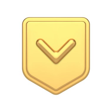 Koruyucu Altın Kalkan doğrulama kontrol işareti premium güvenlik erişim rozet ön görünümü gerçekçi 3d ikon vektör ilüstrasyon. Kontrol başarısı tanımlama gizlilik parola arayüzü virüs koruması