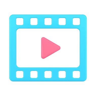 Mavi video oyunu uygulama sineması yayın kanalı multimedya içerik rozeti ön görünümü gerçekçi 3d ikon vektör illüstrasyonu. Sinematografi uygulaması ortam resmi negatif bant düğmesi