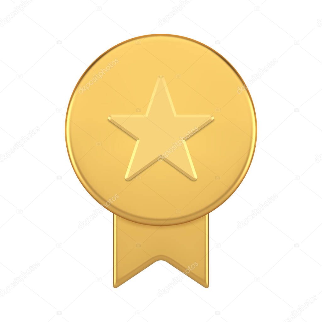 Golden award winner achievement medal ribbon badge with star realistic 3d icon vector illustration. Championship challenge victory first place best quality warranty approved trophy success emblem